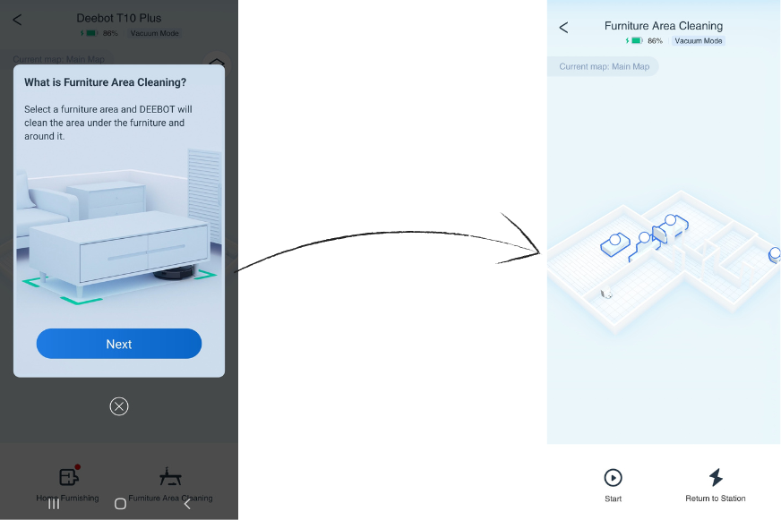 In der 3D-Karte werden die Möbel angeklickt, unter welchen gereinigt werden soll.